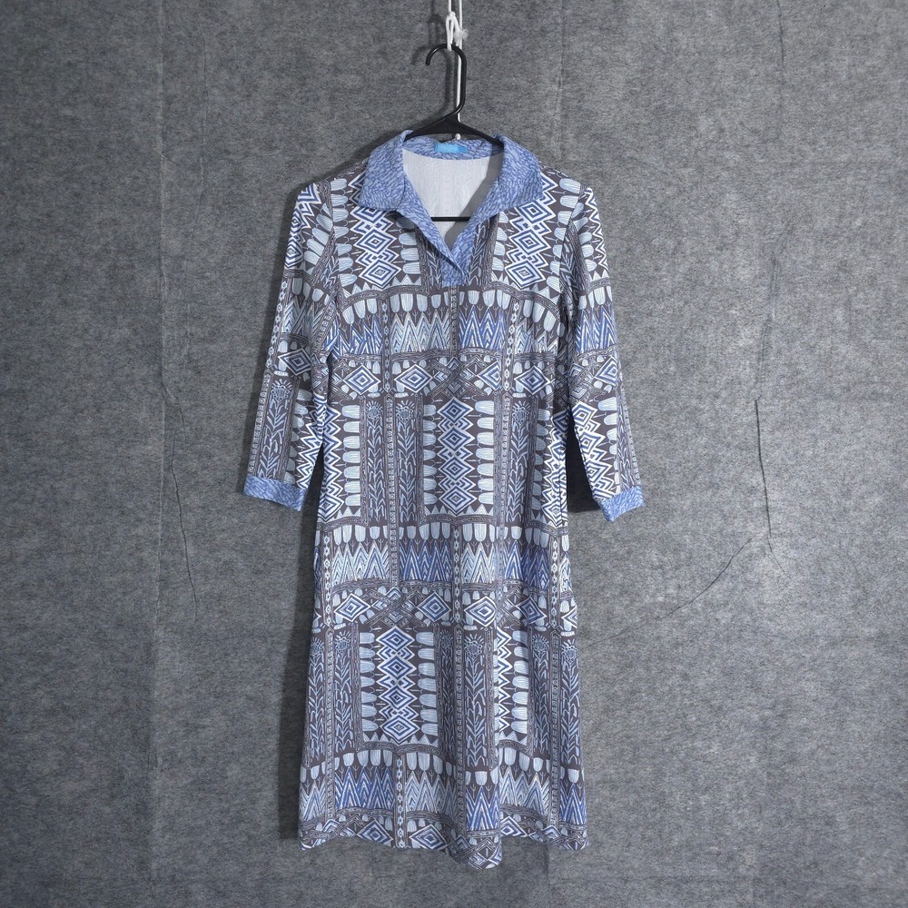 J McLaughlin Dress Size XS Blue Aubina Catalina Cloth Geometric 3/4 Sleeve Shift
